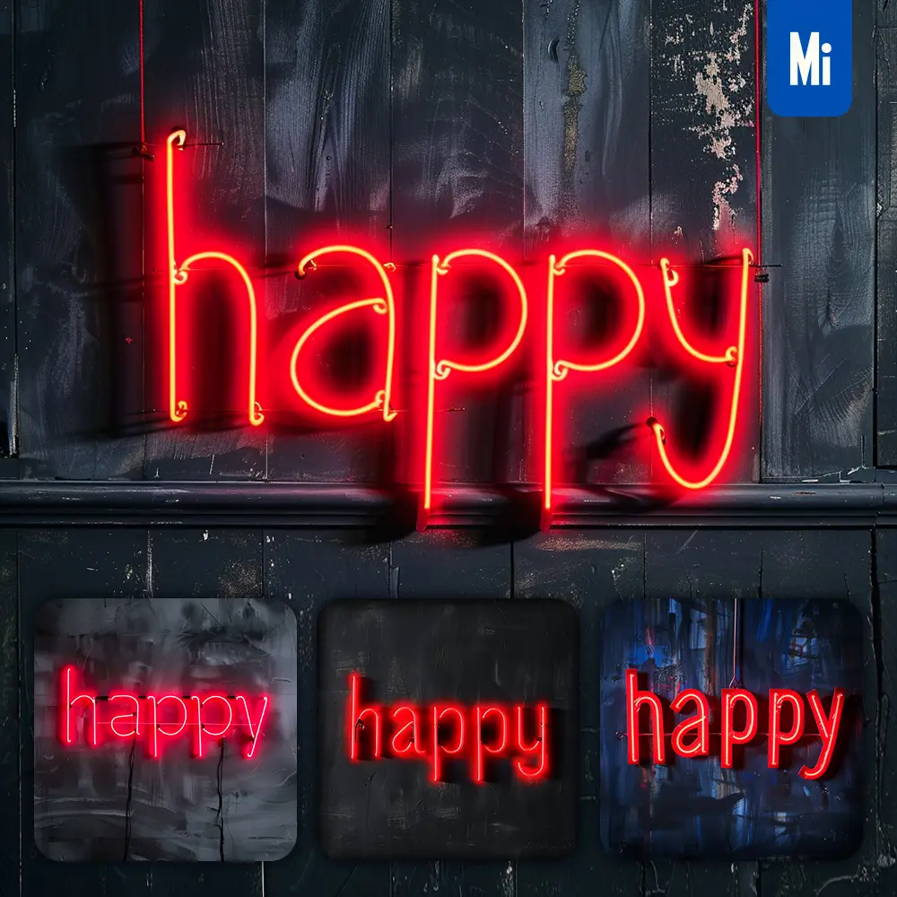 Midjourney Prompt Happy Red LED Neon Light Word Text Letter
