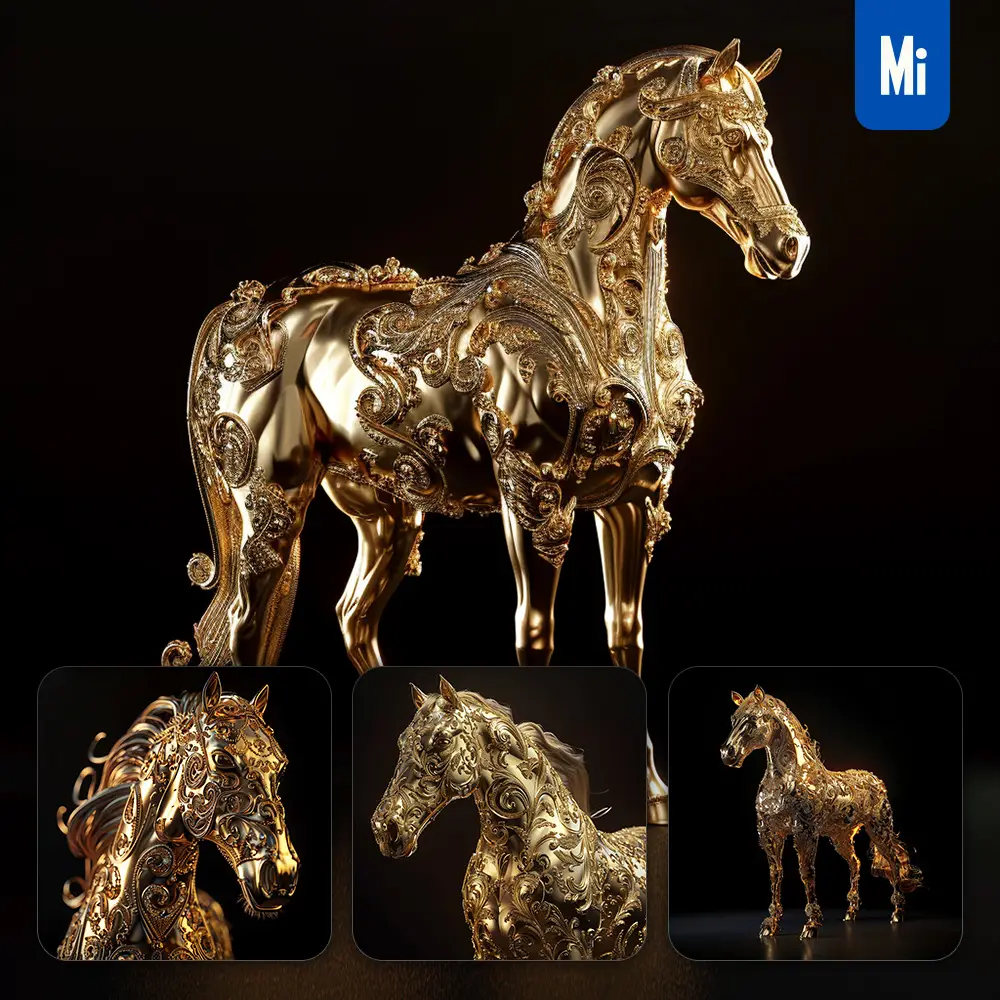 Midjourney Prompt Horse Gold Golden 3D Sculpture Pattern
