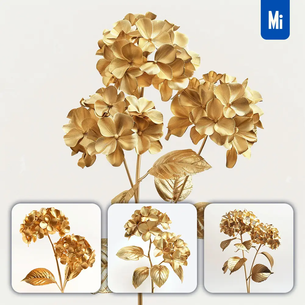 Midjourney Prompt Hydrangea Gold Golden Metal Flower Leaves Leaf 3D