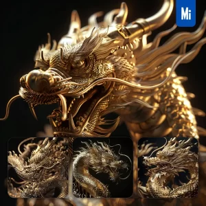 Midjourney Prompt Loong Chinese Dragon Gold Golden 3D Sculpture Pattern