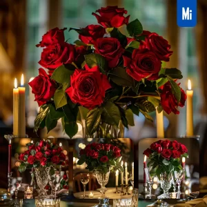 Midjourney Prompt Love Bouquet Rose Flower Red Crystal Vase Romantic Candle Dinner Photography