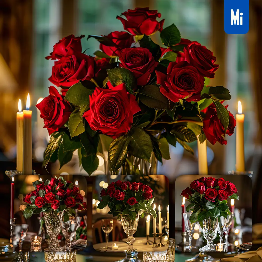 Midjourney Prompt Love Bouquet Rose Flower Red Crystal Vase Romantic Candle Dinner Photography