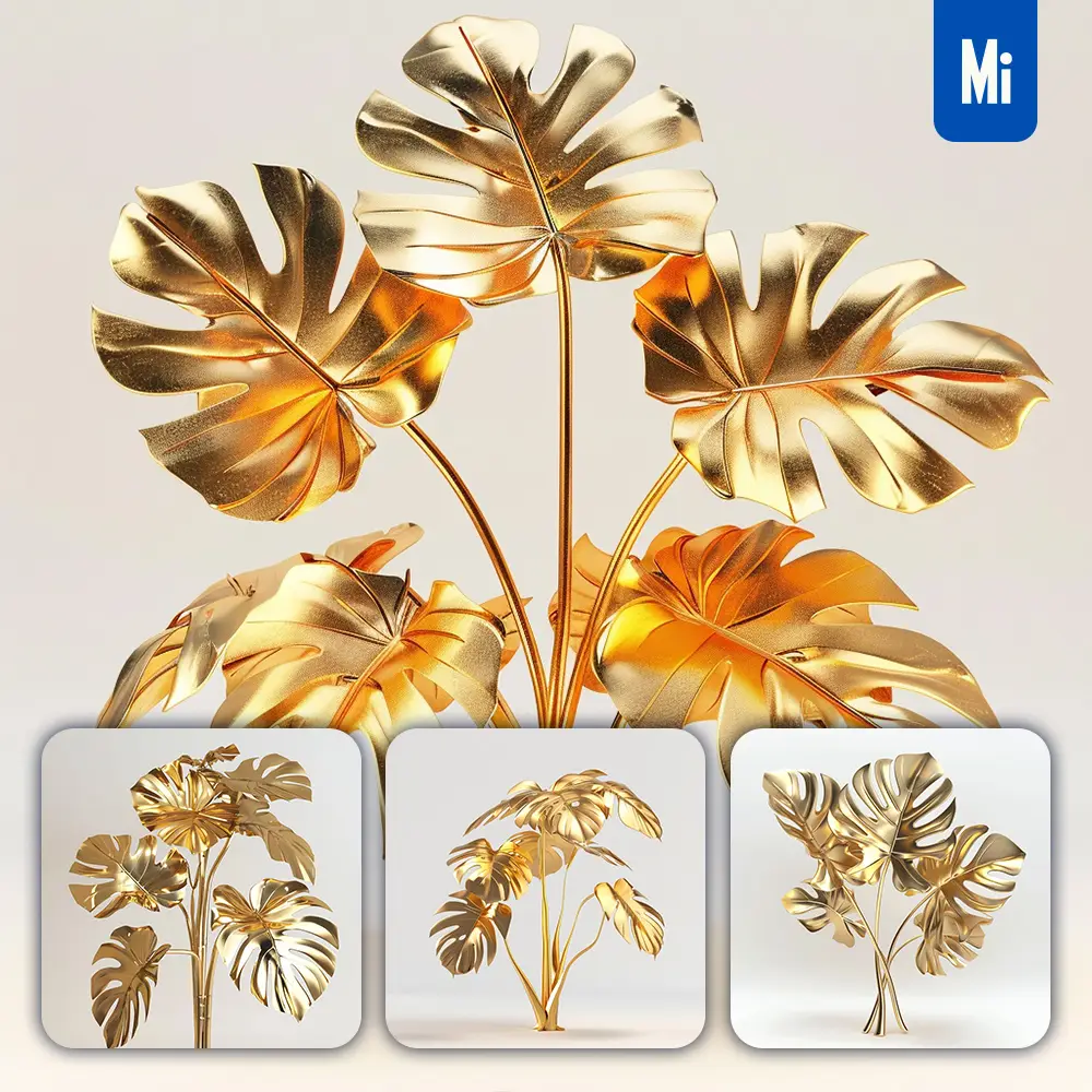 Midjourney Prompt Monstera Deliciosa Gold Golden Metal Plant Leaves Leaf 3D