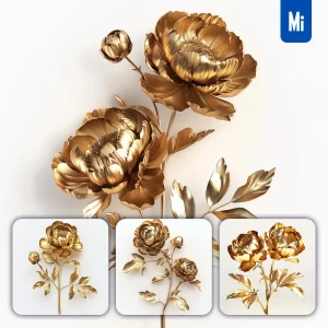Midjourney Prompt Peony Gold Golden Metal Flower Leaves Leaf 3D