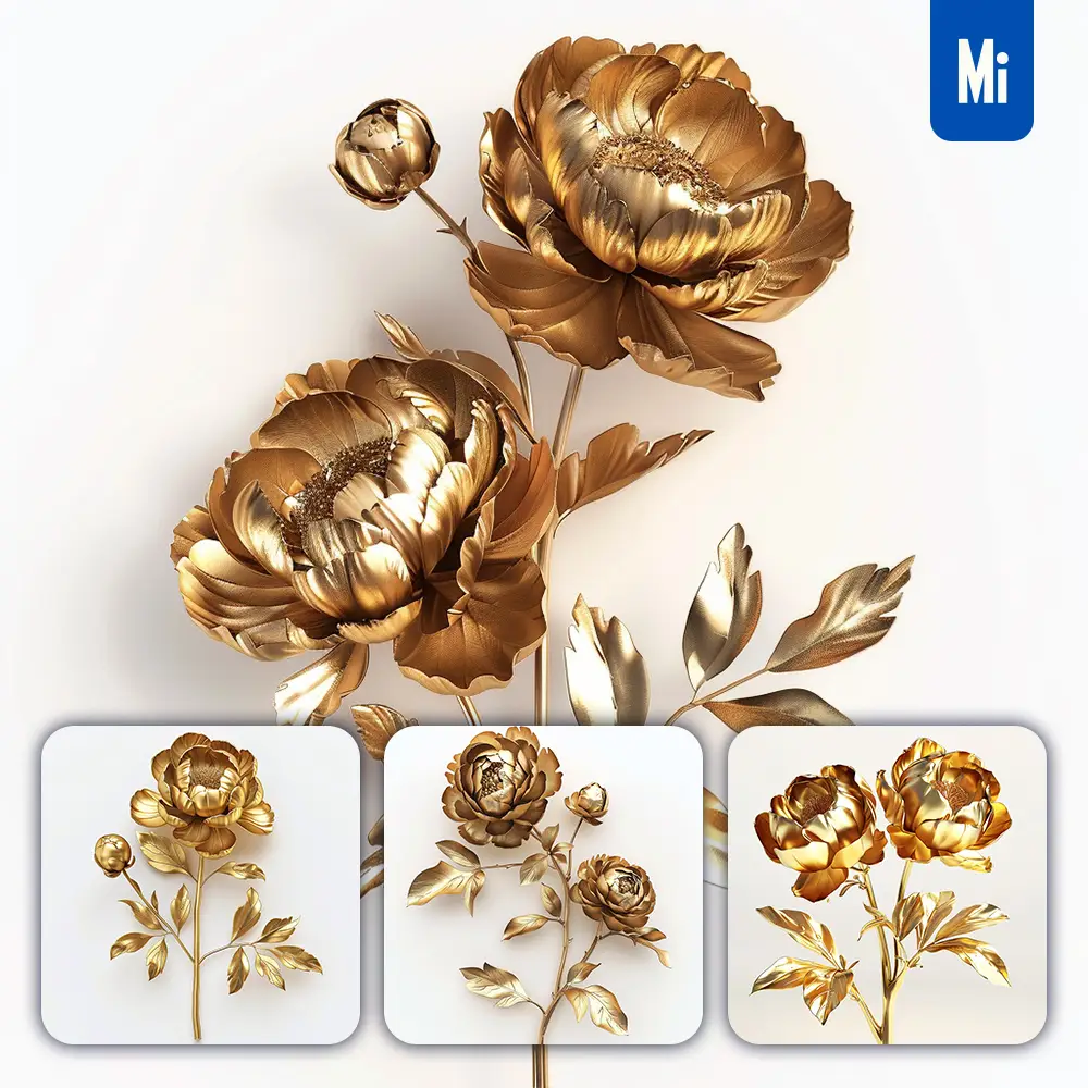 Midjourney Prompt Peony Gold Golden Metal Flower Leaves Leaf 3D