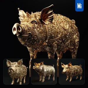 Midjourney Prompt Pig Gold Golden 3D Sculpture Pattern
