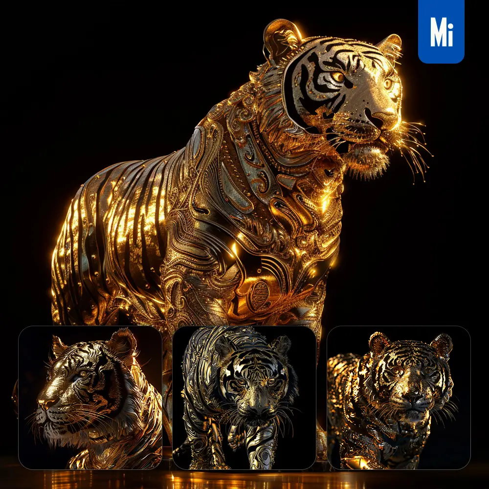 Midjourney Prompt Tiger Gold Golden 3D Sculpture Pattern