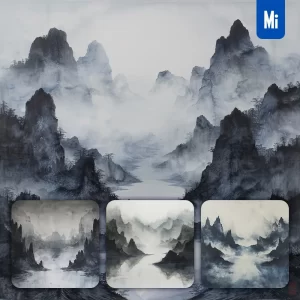 Midjourney Prompt Ink Wash Misty Mountain River Chinese Landscape Black and White Painting