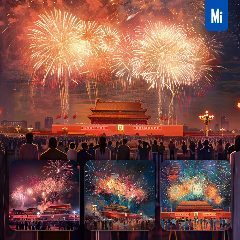 Midjourney Prompt China Red Chinese People Night Firework Sky Assembly Tiananmen-Square Illustration Landscape Oil Painting National Day