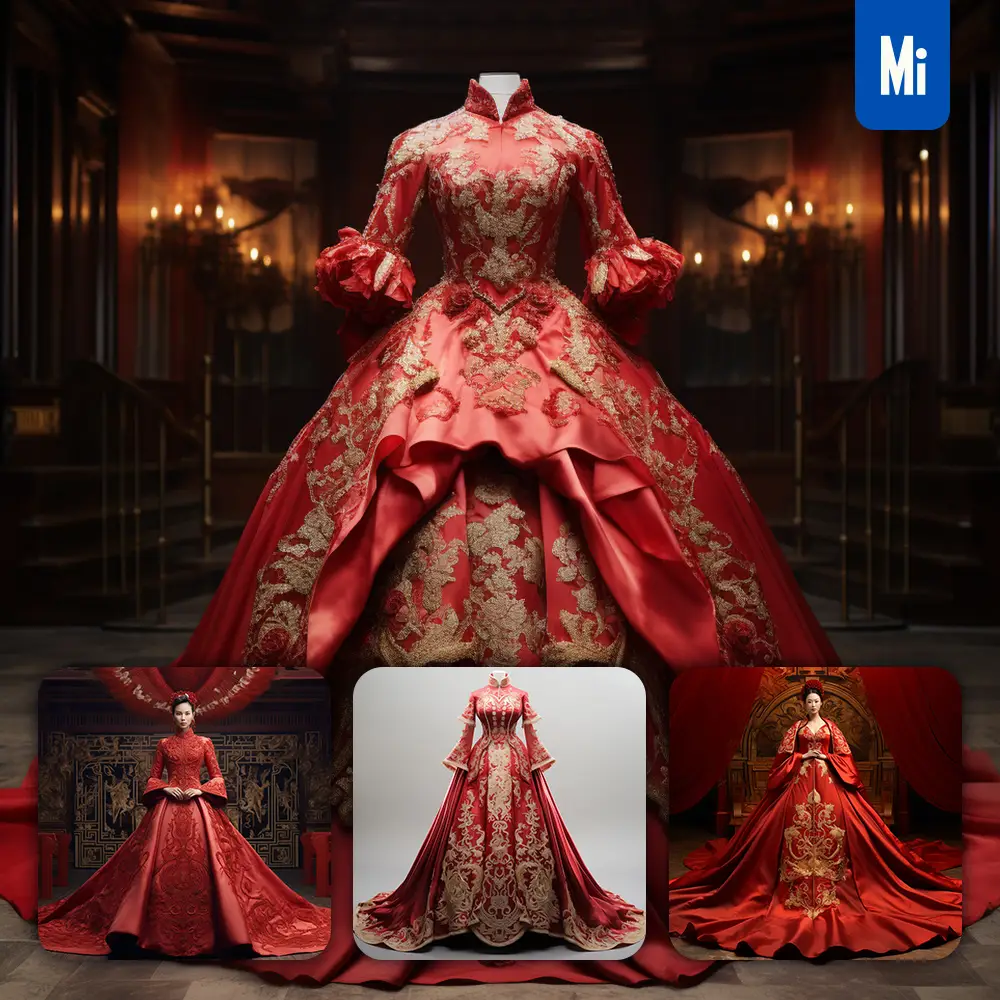 Midjourney Prompt Chinese Dress Red Wedding Regal Noble Costume Designing Gold