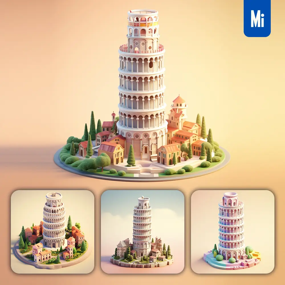 Midjourney Prompt Pisa Leaning Tower 3D C4D Model Space Scene