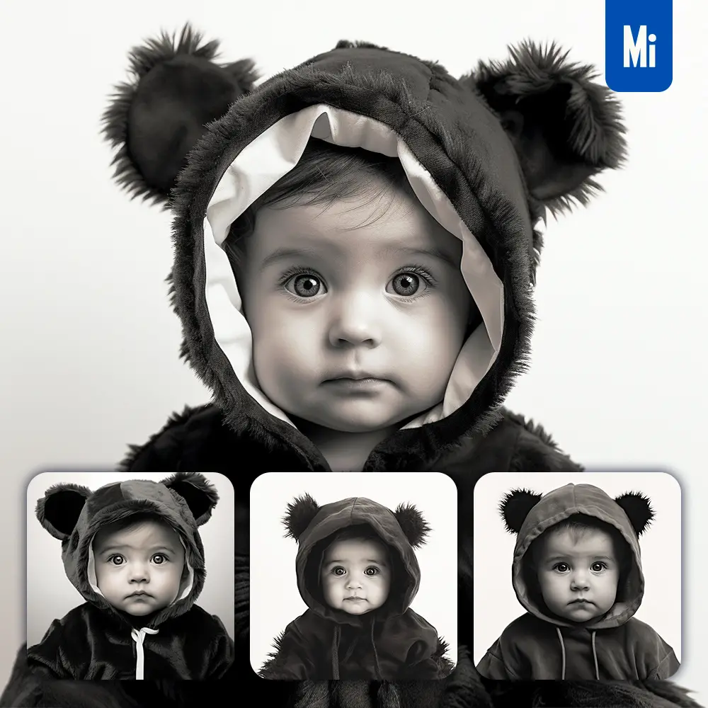 Midjourney Prompt Baby Adorable Cute Black White Photography Face Head Silhouette Front Costume Hoodie