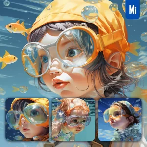 Midjourney Prompt Baby Swim Swimming Glasses Sea Water Goggles Portrait Painting