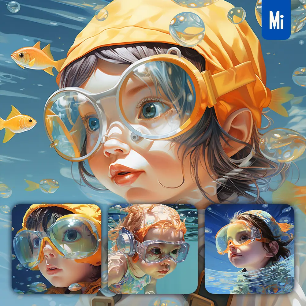Midjourney Prompt Baby Swim Swimming Glasses Sea Water Goggles Portrait Painting