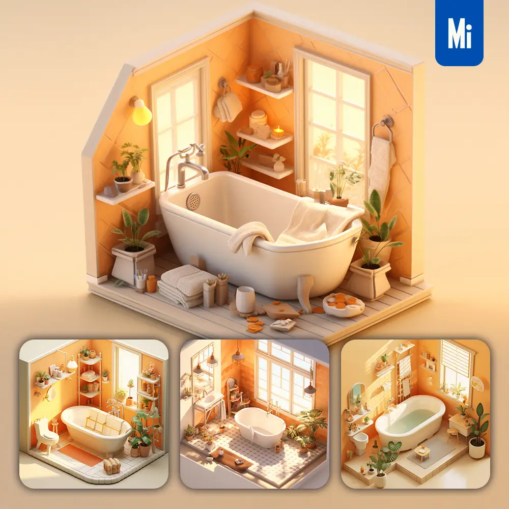 Midjourney Prompt Bathroom Scene Bathtub 3D C4D Model Space