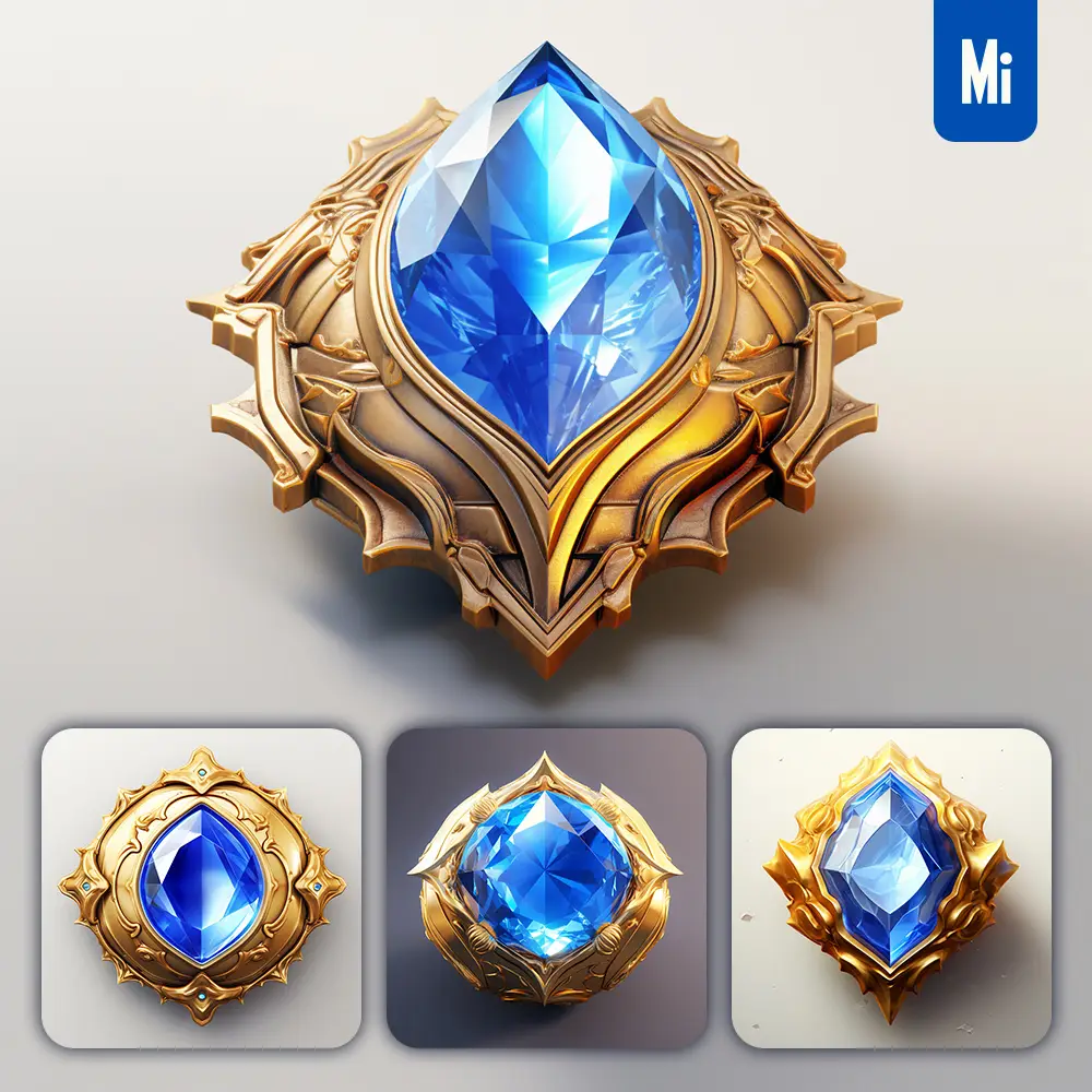 Midjourney Prompt Blue Gemstone Sorcerer Stone Precious Icon 3D Material Game UI Golden Art Gold