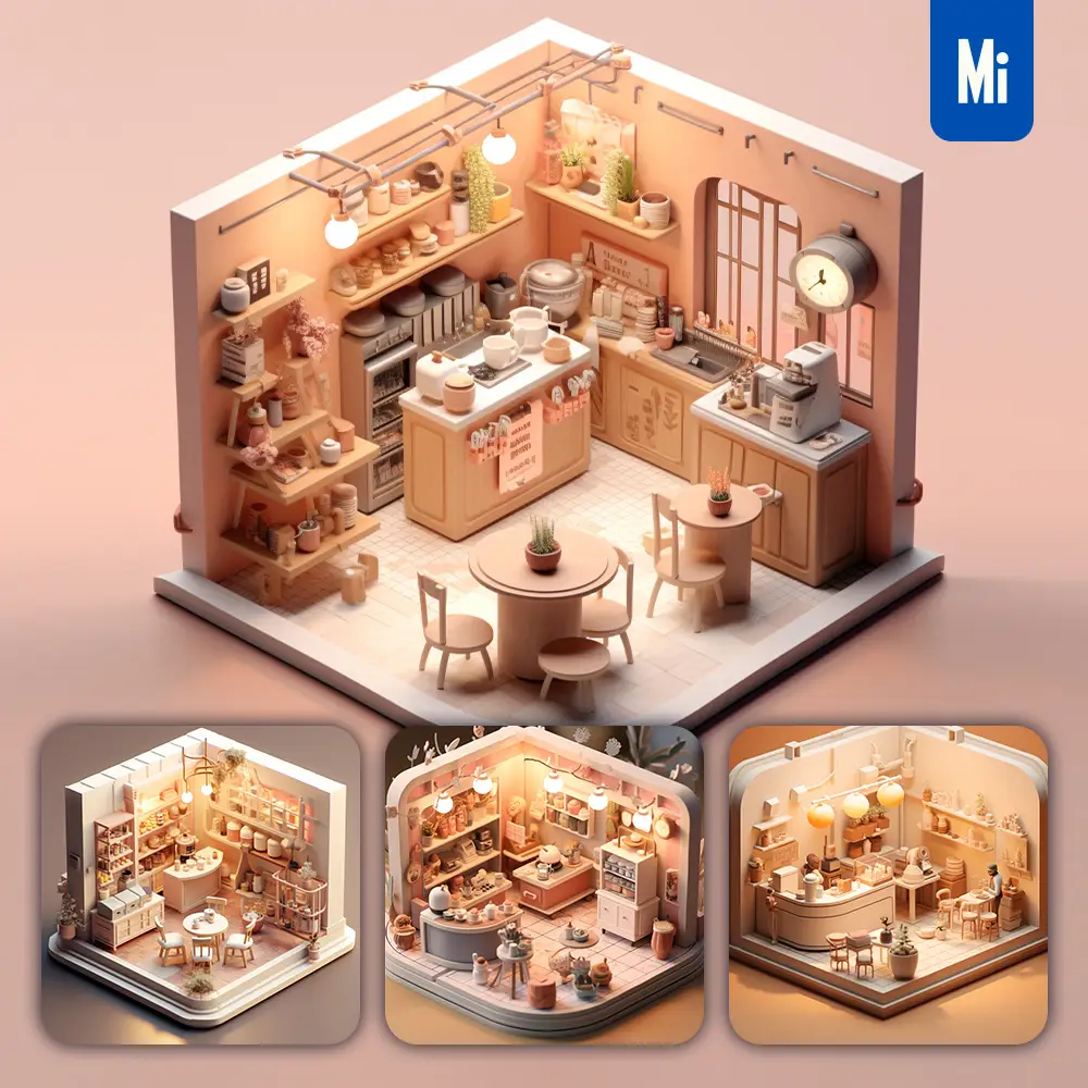 Midjourney Prompt Coffee Shop Cafe 3D C4D Model Space Scene