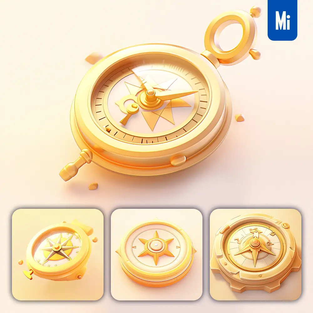 Midjourney Prompt Compass Icon 3D Game Golden Gold UI