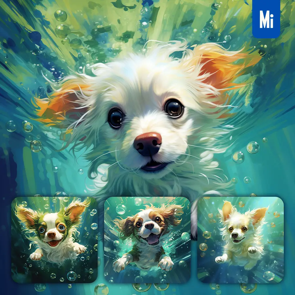 Midjourney Prompt Dog Swim Sea Swimming Water Underwater Oil Painting