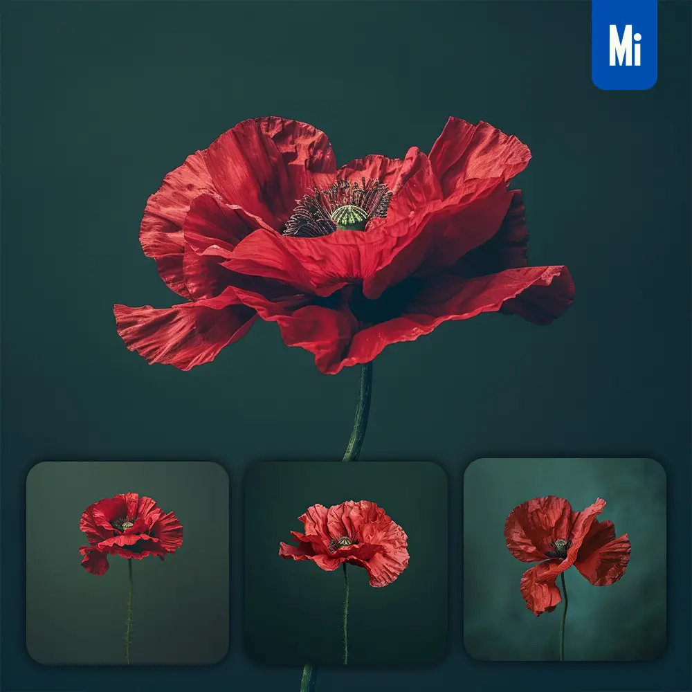 Midjourney Prompt Flower Bloom Single Poppy Red Dark Green Photography