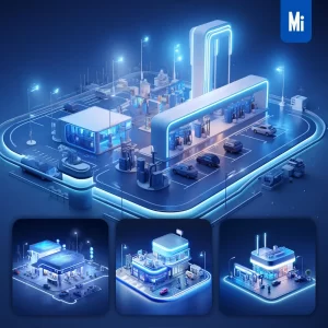 Midjourney Prompt Gas Petrol Station City Blue Scene 3D Mode
