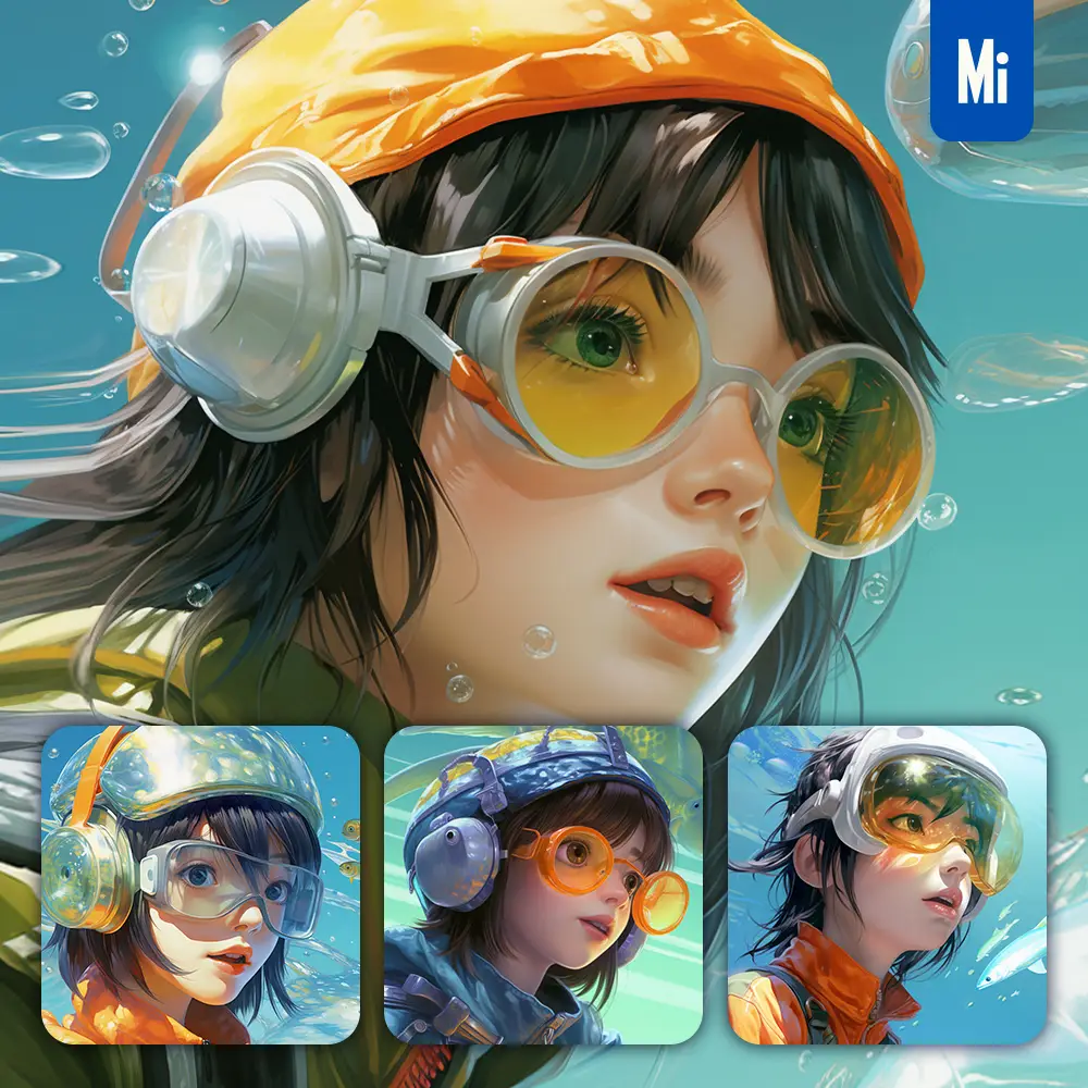 Midjourney Prompt Girl Swim Swimming Glasses Sea Water Goggles Portrait Painting Woman Diving