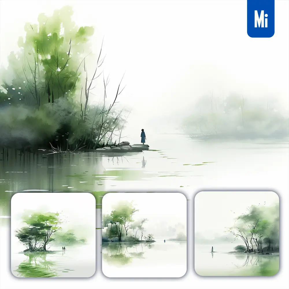 Midjourney Prompt Green Chinese Ink Wash Painting Forest Grassland Lake Illustration