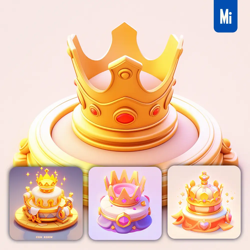 Midjourney Prompt Icon 3D Game Crown UI Art Golden