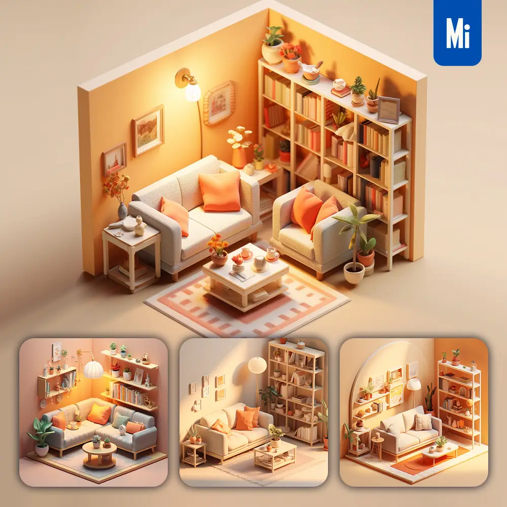 Midjourney Prompt Living Room Sofa Light Lamp Bookcase 3D C4D Model Space Scene