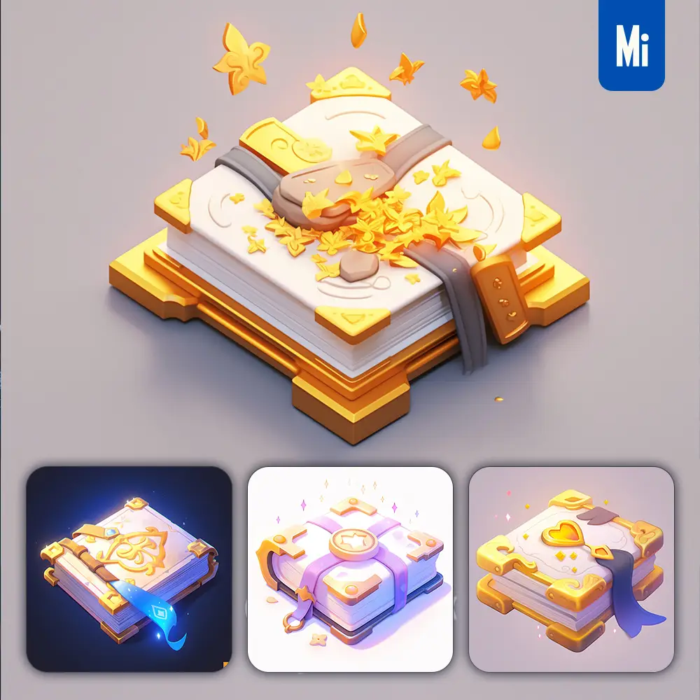 Midjourney Prompt Magic Book Icon 3D Game Golden Gold UI