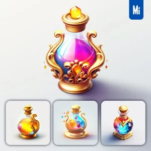 Midjourney Prompt Magic Potion Medicine Bottle Icon 3D Material Game UI Golden Art Gold