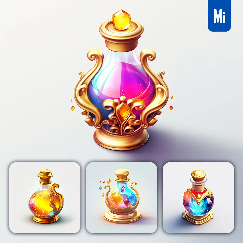 Midjourney Prompt Magic Potion Medicine Bottle Icon 3D Material Game UI Golden Art Gold