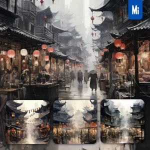 Midjourney Prompt Market Street Stall Ancient Chinese Ink Wash Painting