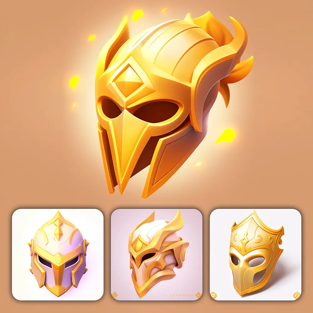 Midjourney Prompt Mask Helmet Icon 3D Game Golden Gold UI