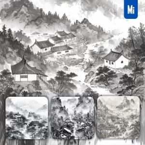 Midjourney Prompt Mountain Village Ancient Chinese Black and White Ink Wash Painting