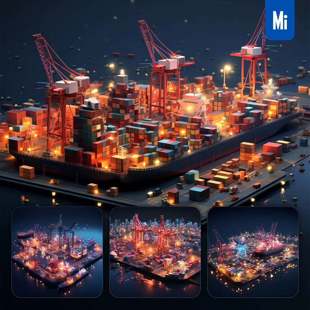 Midjourney Prompt Night Container Wharf Port Scene 3D Sea Transportation Harbour Handling
