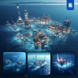 Midjourney Prompt Offshore Oilfield Oil Well Ocean Blue Scene 3D Mode