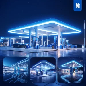 Midjourney Prompt Petrol Gas Station Scene Blue Technology 3D Model