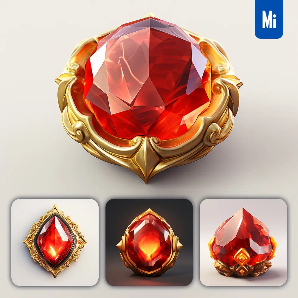 Midjourney Prompt Red Gemstone Sorcerer Stone Precious Icon 3D Material Game UI Golden Art Gold