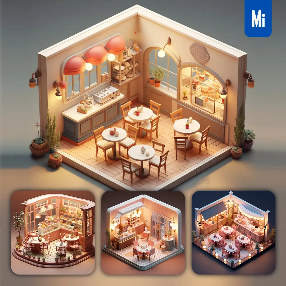 Midjourney Prompt Restaurant 3D C4D Model Space Scene
