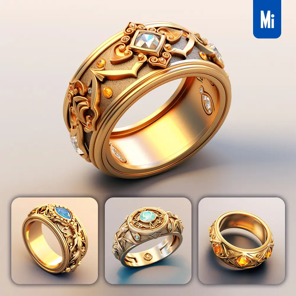Midjourney Prompt Ring Icon 3D Material Game UI Golden Art Gold