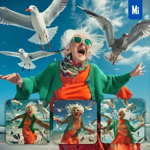 Midjourney Prompt Seagull Old Lady Woman Grandmother Grandma Beach Happy Crazy Sunglasses