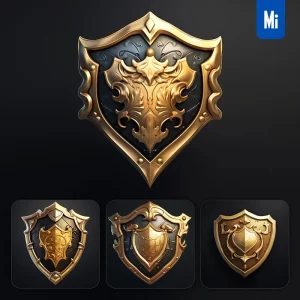 Midjourney Prompt Shield 3D Material Golden Art Gold Game UI Icon