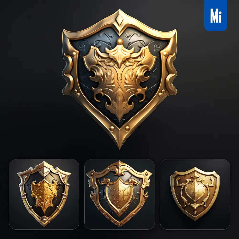 Midjourney Prompt Shield 3D Material Golden Art Gold Game UI Icon
