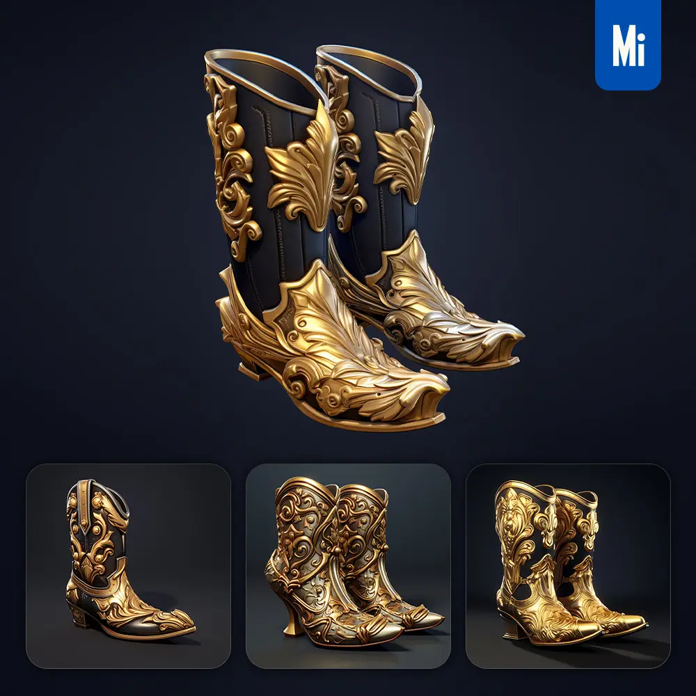 Midjourney Prompt Shoe Boots 3D Material Golden Art Gold Game UI Icon