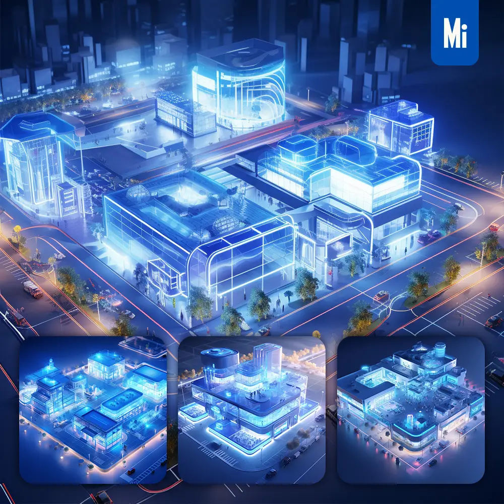 Midjourney Prompt Shopping Mall Blue Light Scene 3D Model