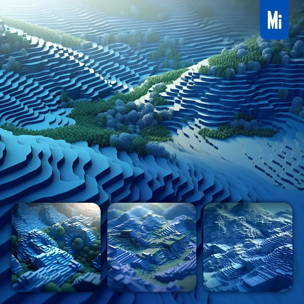 Midjourney Prompt Terraced Field Mountain Blue Scene 3D Model