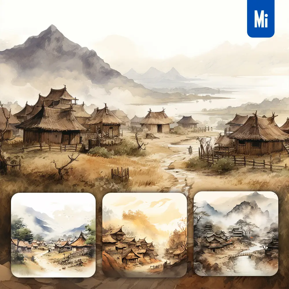 Midjourney Prompt Village Mountain Ancient Chinese Ink Wash Painting