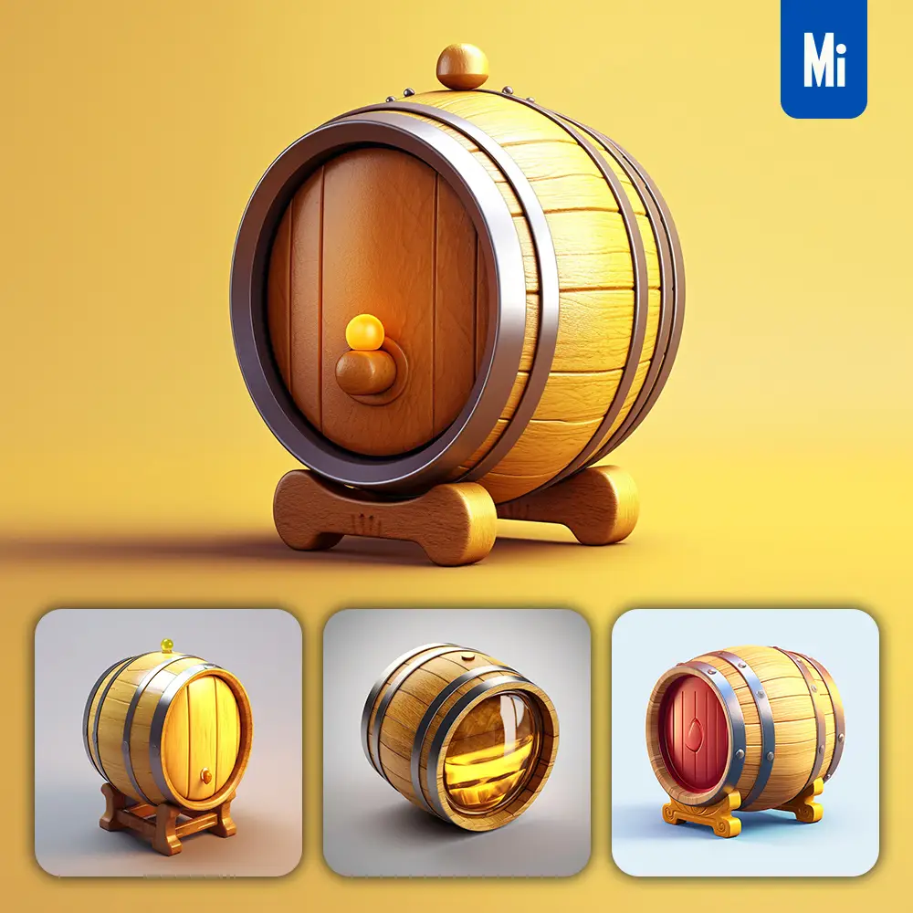 Midjourney Prompt Wine Wooden Barrel Icon 3D Material Game UI Golden Art Gold