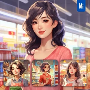 Midjourney Prompt Woman Lady Housewife Supermarket Cartoon Illustration Painting Portrait Face